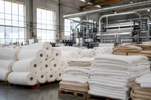 A cinematic interior view of a US towel manufacturing facility, highlighting premium cotton inventory and finished towels—showcasing american towel manufacturers' higher standards.