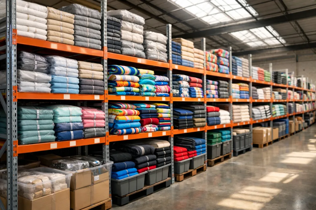 A bright, photo-realistic view of a large towel supplier's warehouse with diverse towels in neat inventories, highlighting SKU variety and readiness for bulk B2B supply.