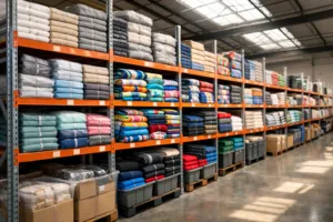 A bright, photo-realistic view of a large towel supplier's warehouse with diverse towels in neat inventories, highlighting SKU variety and readiness for bulk B2B supply.
