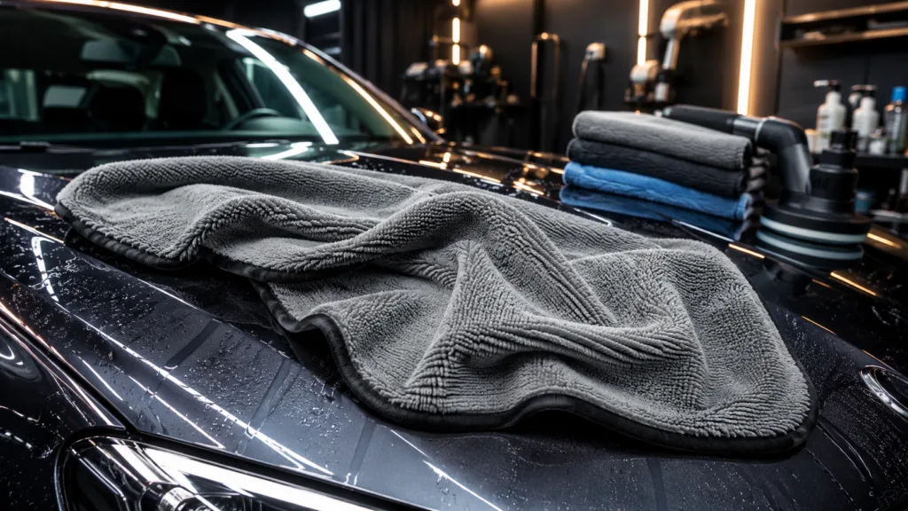 Premium car drying microfiber towel on a wet glossy car hood in a professional detailing studio