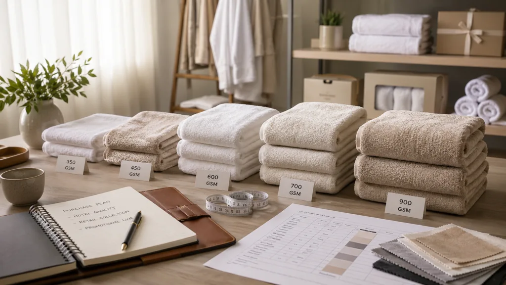 Professional towel GSM guide scene with towel samples, fabric swatches, measuring tape and sourcing notes for B2B buyers