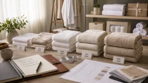Professional towel GSM guide scene with towel samples, fabric swatches, measuring tape and sourcing notes for B2B buyers
