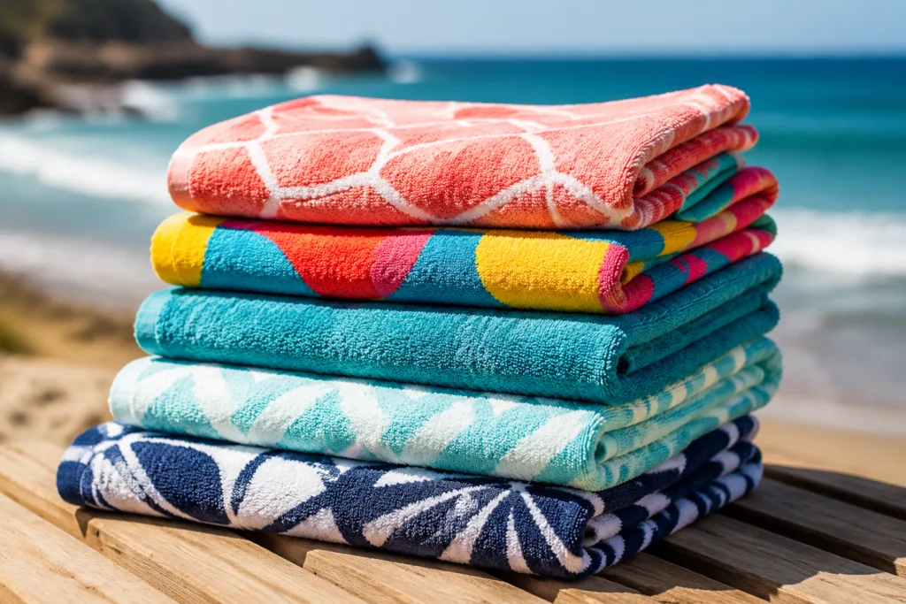 Photo-realistic image of beach towels from wholesale beach towels suppliers, highlighting different sizes, materials, and designs, set on a bright beach with detailed texture.