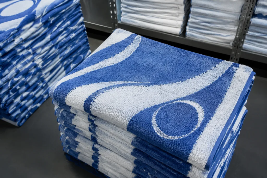 A businesslike view of neatly arranged promotional towels with visible logos, photographed in a factory setting to highlight different branding methods.