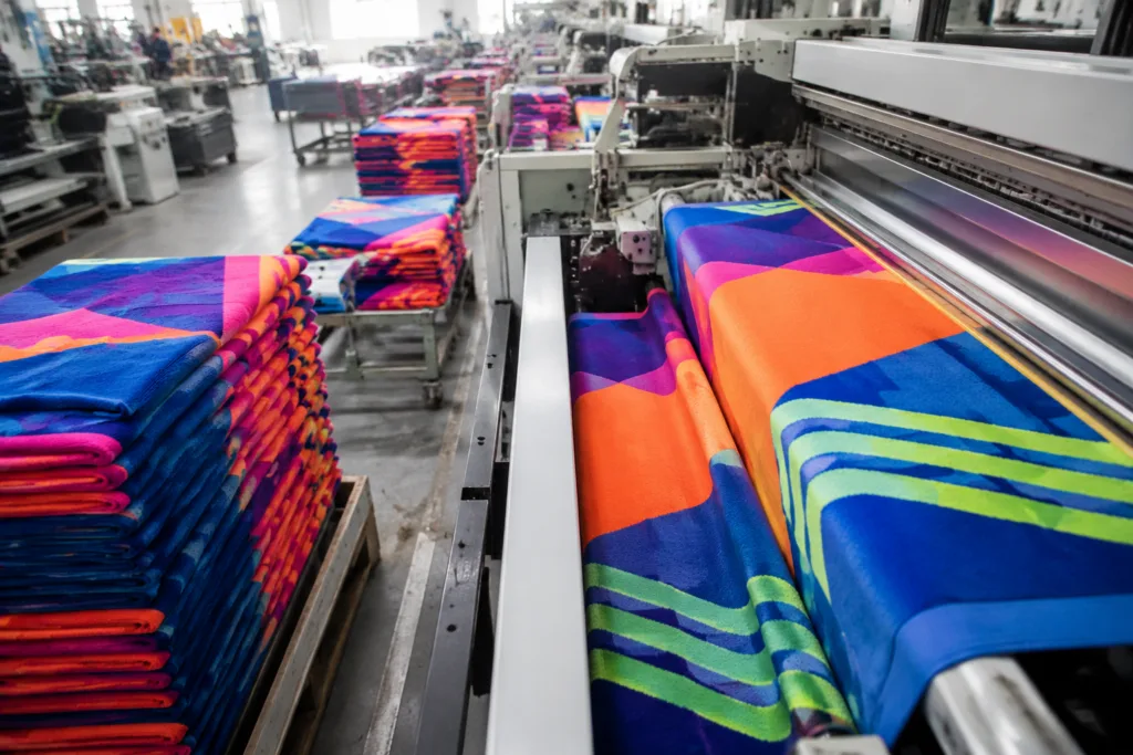 Bulk production of custom sports towels and branded towels for a large sports event, showing industry-level textile machinery and vibrant colors.