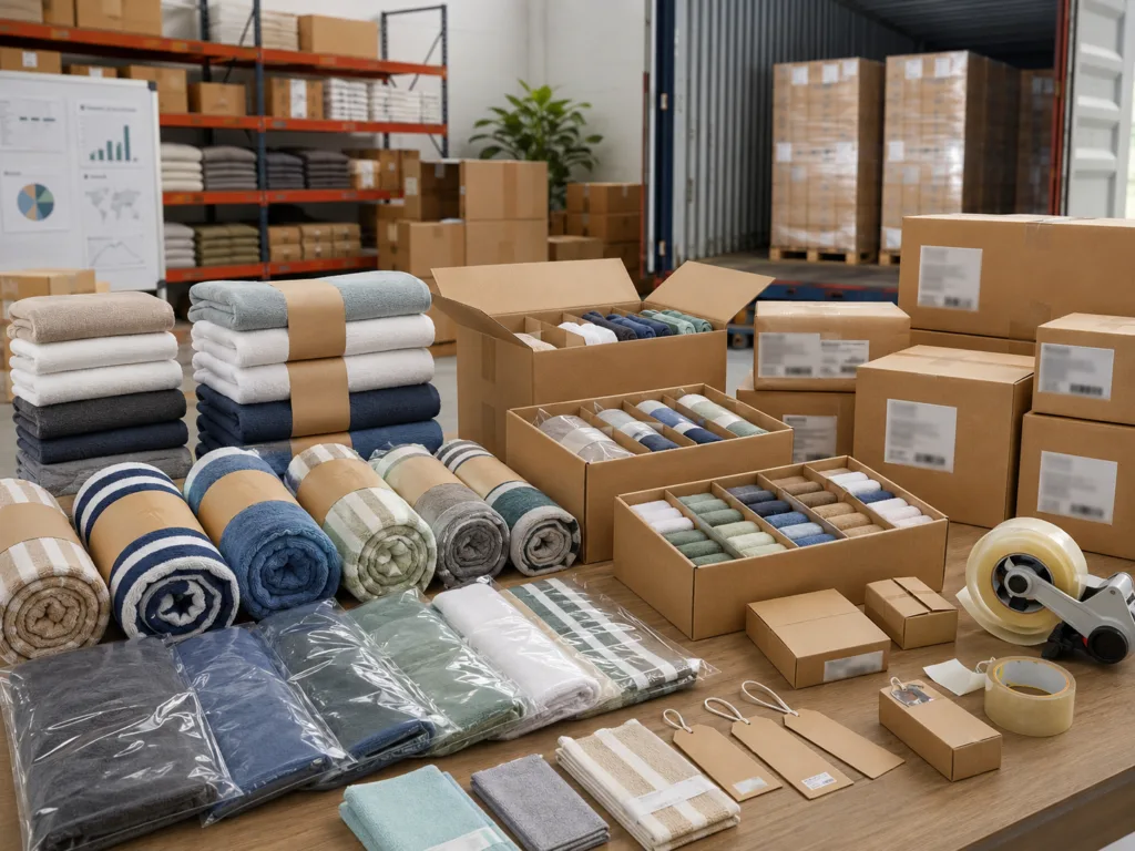 Bulk custom towels packed with retail packaging, paper bands, export cartons and logistics materials for wholesale delivery