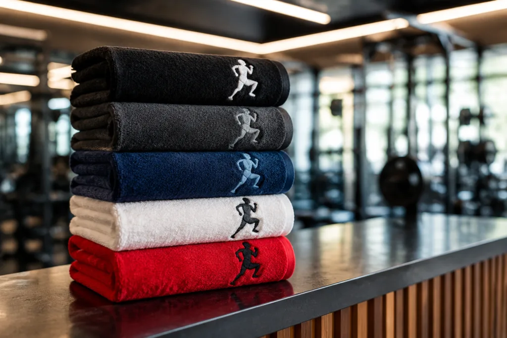 Stacked custom gym towels with visible embroidered logos, representing the branding potential for gyms and sports brands.