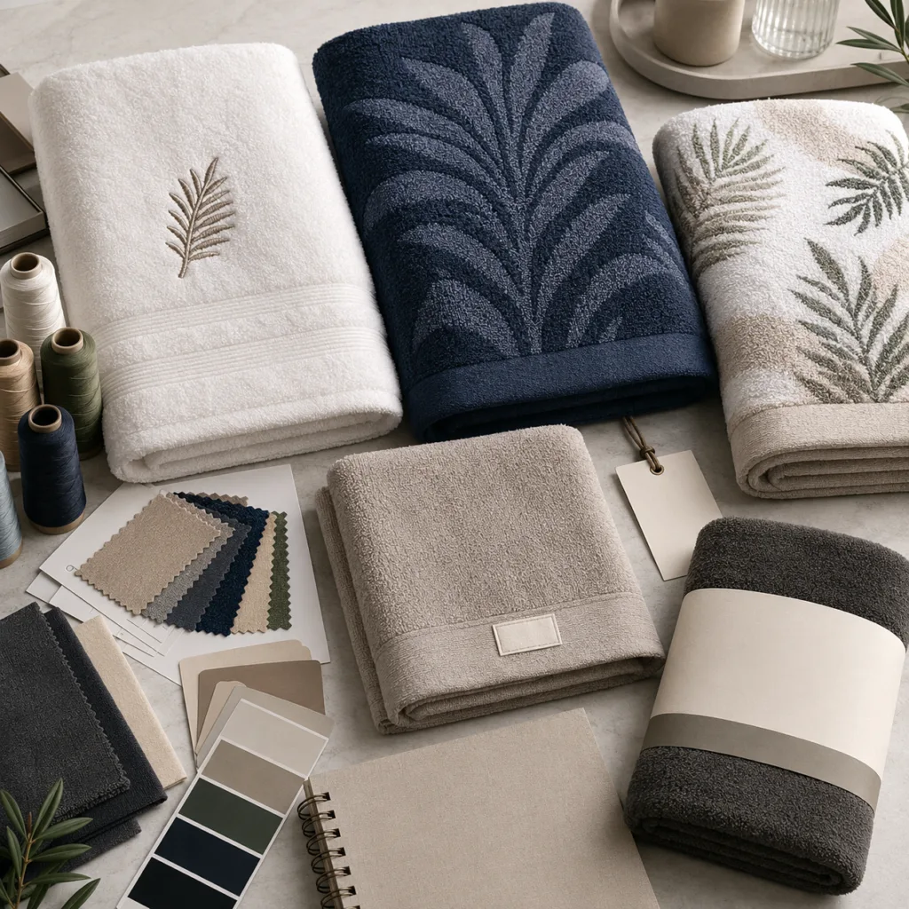 Custom logo towel branding options including embroidery, jacquard, printing, woven labels and private label packaging