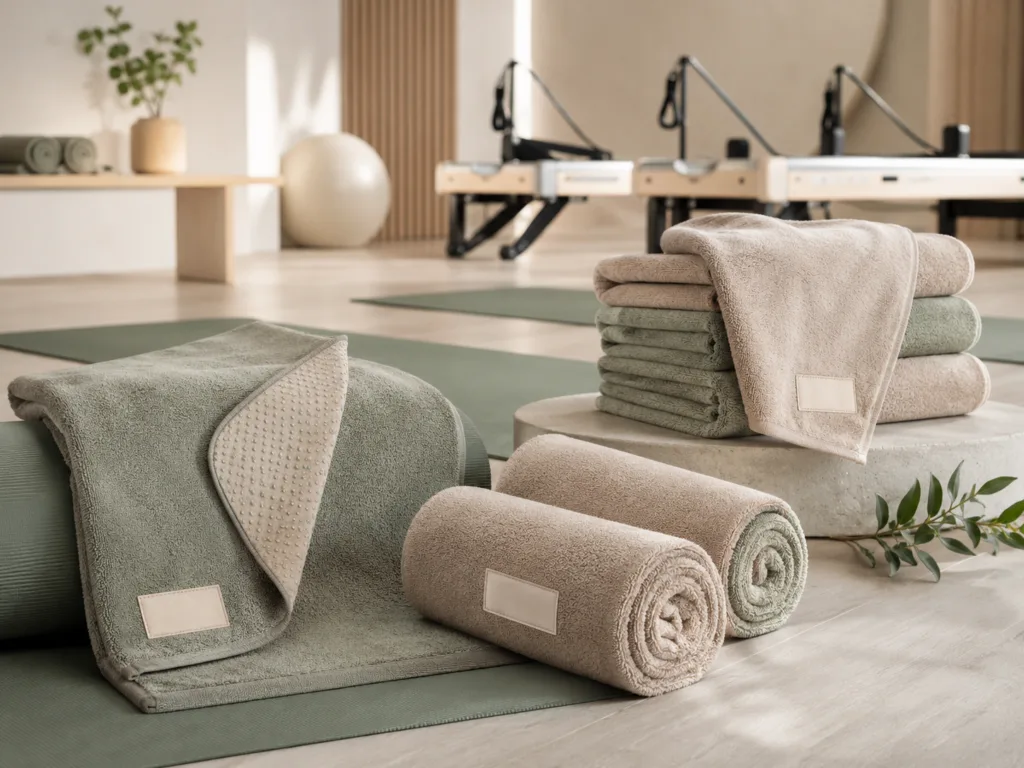 Custom non-slip yoga and Pilates towels for studios, gyms and wellness brands with premium microfiber fabric and anti-slip backing