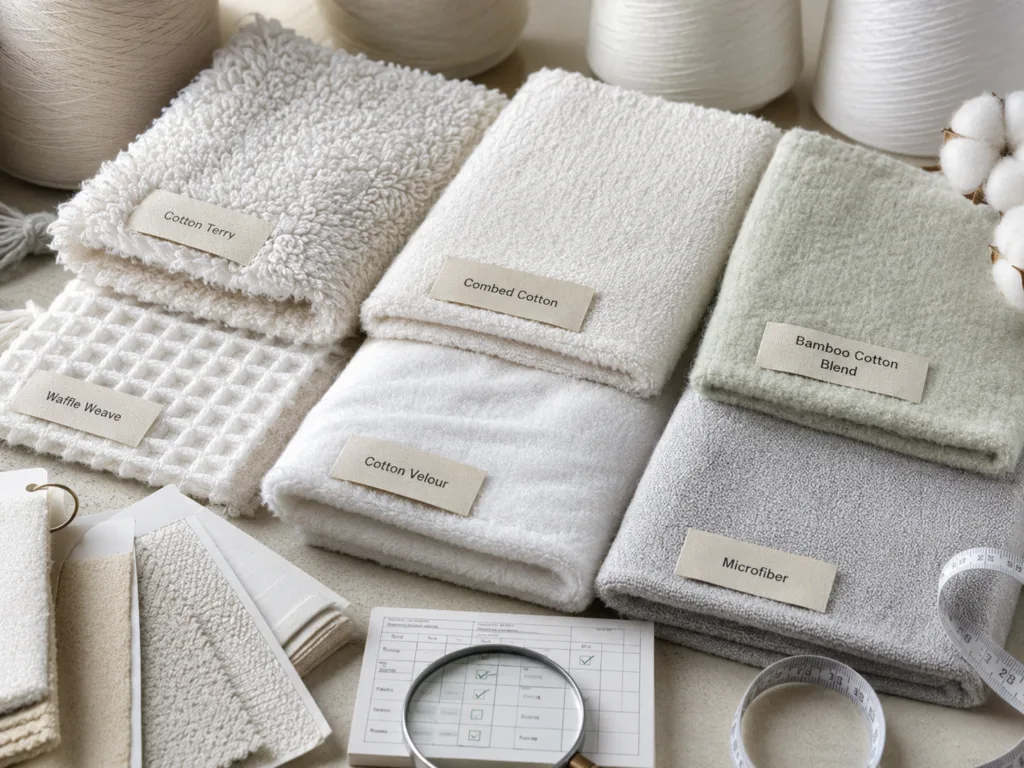 Close-up comparison of cotton terry, bamboo blend, waffle weave, velour and microfiber towel fabrics for custom towel production