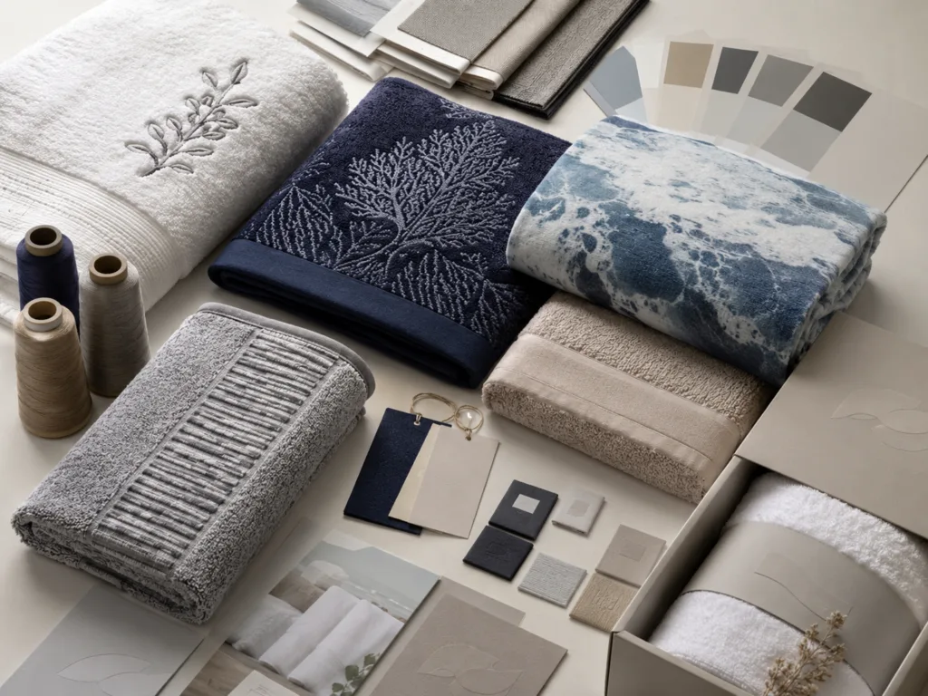 Custom towel branding options including embroidery, jacquard weaving, printing, woven labels and private label packaging
