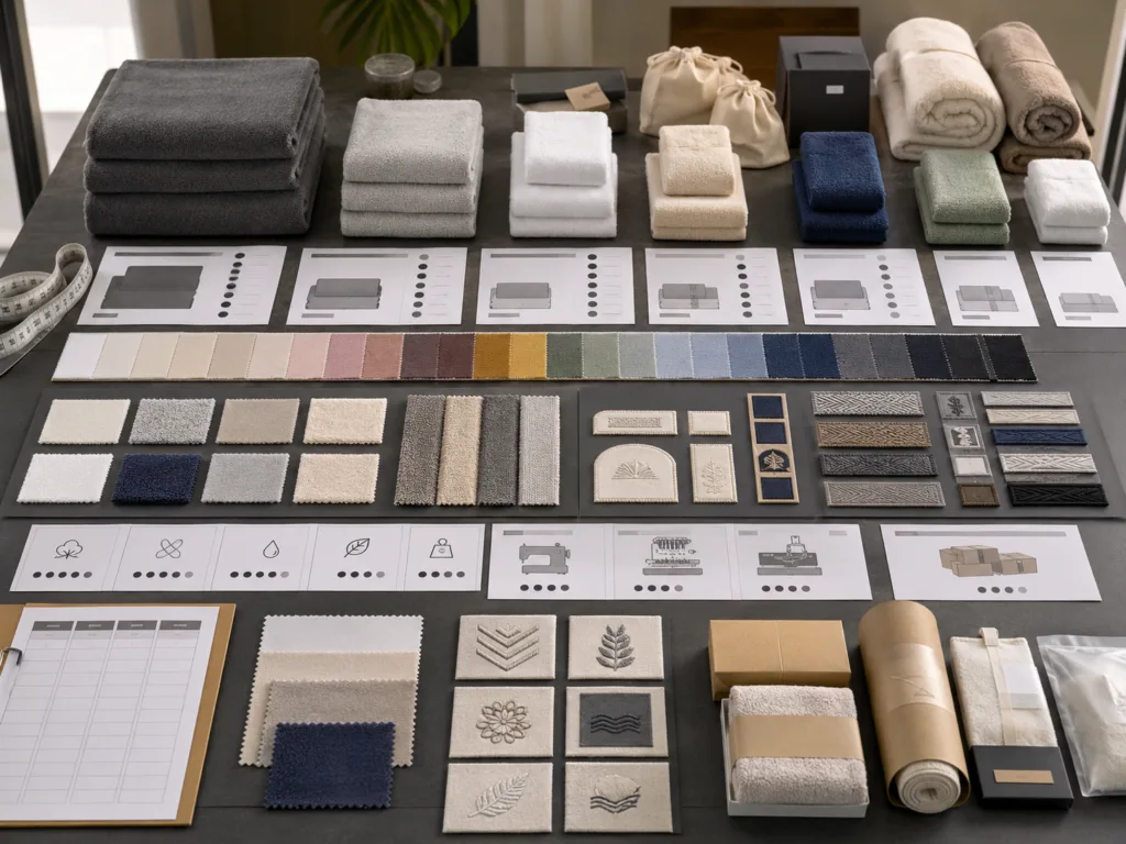 Custom towel MOQ planning scene showing towel sizes, colors, materials, logo samples and packaging options for bulk buyers