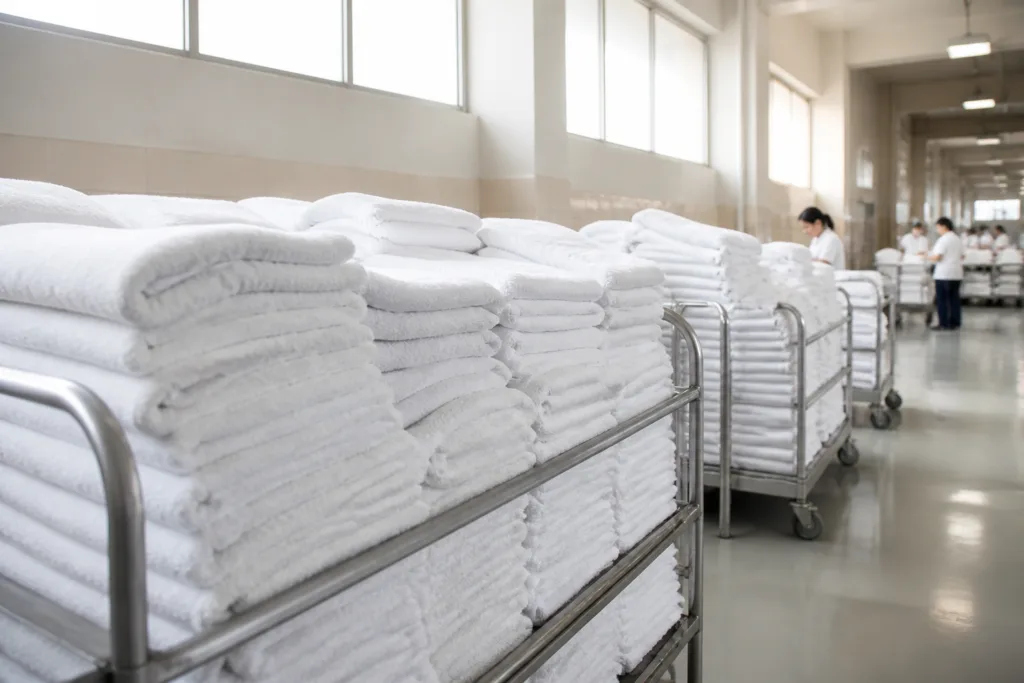 Photo-realistic scene of a hotel receiving laundry delivery, highlighting stacks of white towels representing uninterrupted hotel towel supply and procurement essentials.