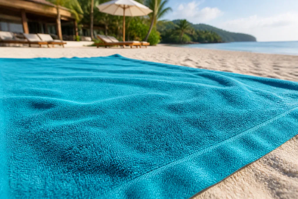 An oversized, high-quality beach towel displays its vivid colors and plush fibers on sunlit resort sand, ideal for hospitality and promotional sourcing.