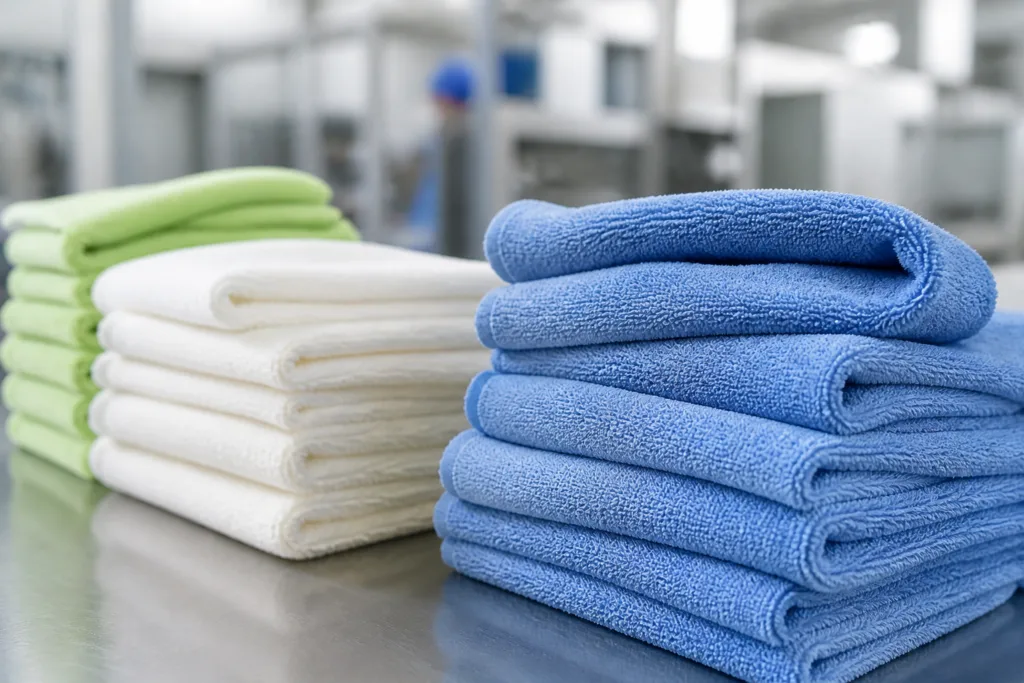A detailed image contrasting microfiber towels against cotton and bamboo towels, showcasing texture and absorbency for sourcing decisions.