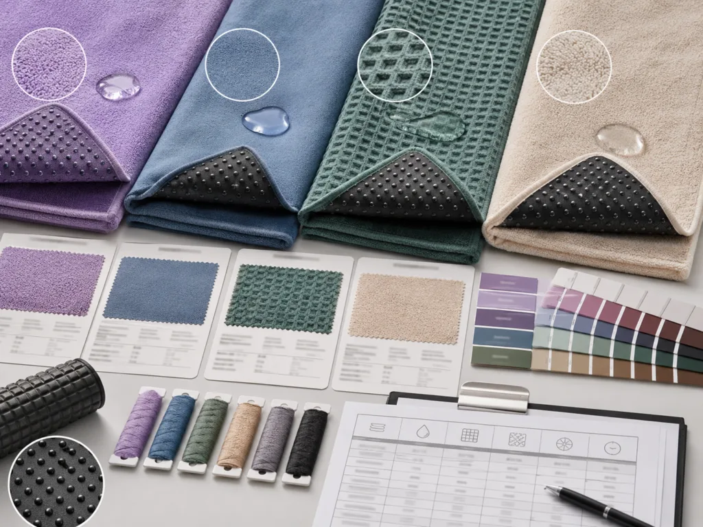 Non-slip yoga towel fabric and GSM comparison with microfiber, suede microfiber, silicone grip backing and absorbency details