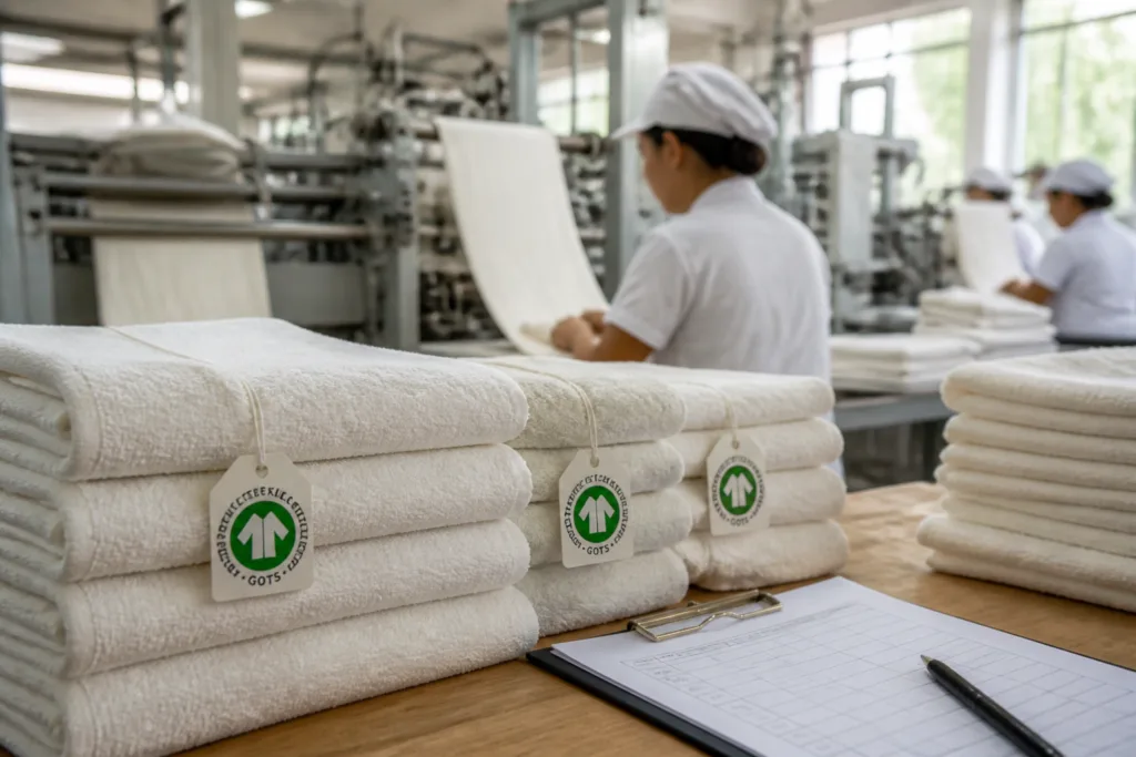 A quality inspection scene inside an organic cotton towel factory, featuring GOTS-certified towels and visible certification tags.