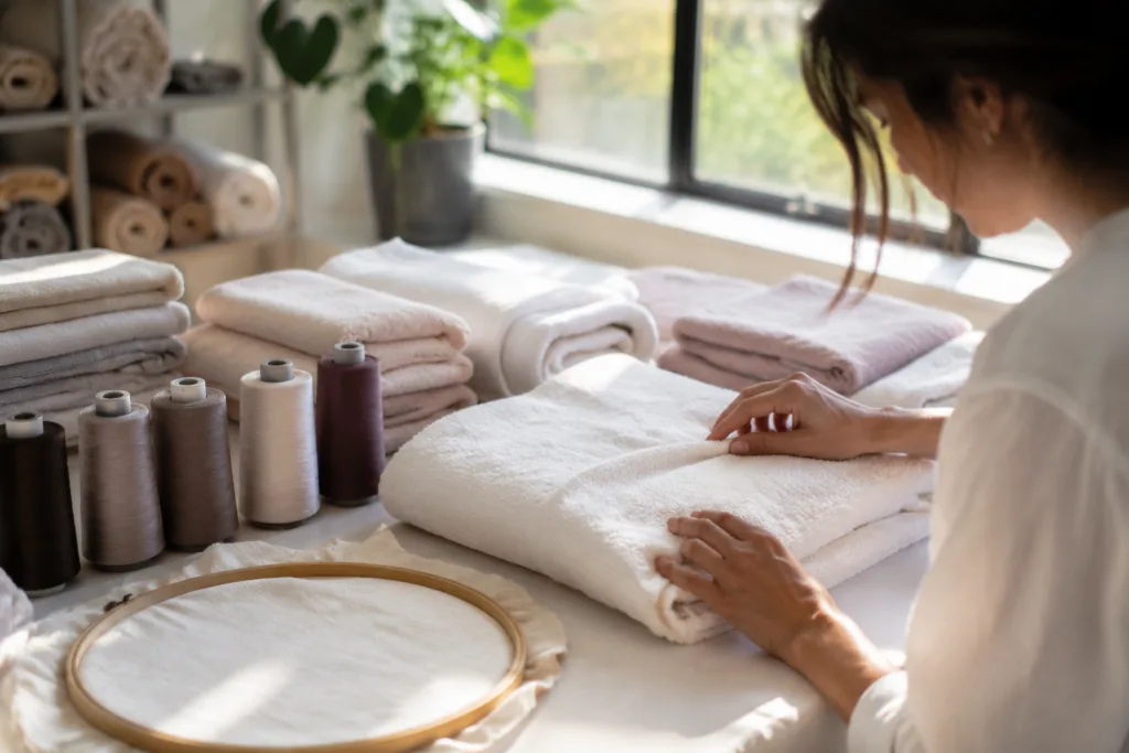 A workspace with several personalized face towel samples awaiting embroidery and packaging for a boutique brand order.