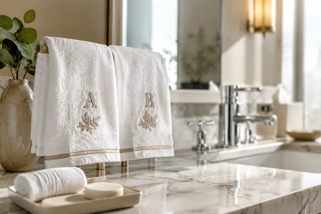 Photo-realistic view of luxury customized hand towels exhibited in a modern hotel bathroom, demonstrating embroidery and logo placement.