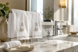 Photo-realistic view of luxury customized hand towels exhibited in a modern hotel bathroom, demonstrating embroidery and logo placement.