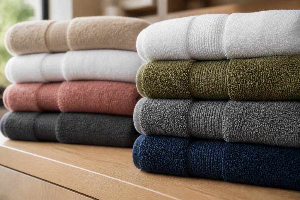 A selection of Turkish towels cotton and Supima cotton bath towels arranged on a display, revealing plush pile and bright dye. The scene is softly lit to emphasize the tactile hand feel and luxury yarn.