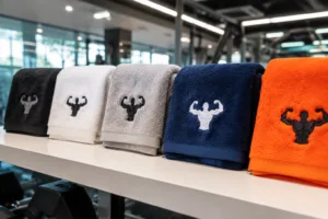 A detailed image showing various branded private label gym towels, in different materials and colors, highlighting logo embroidery and customization for fitness brands.