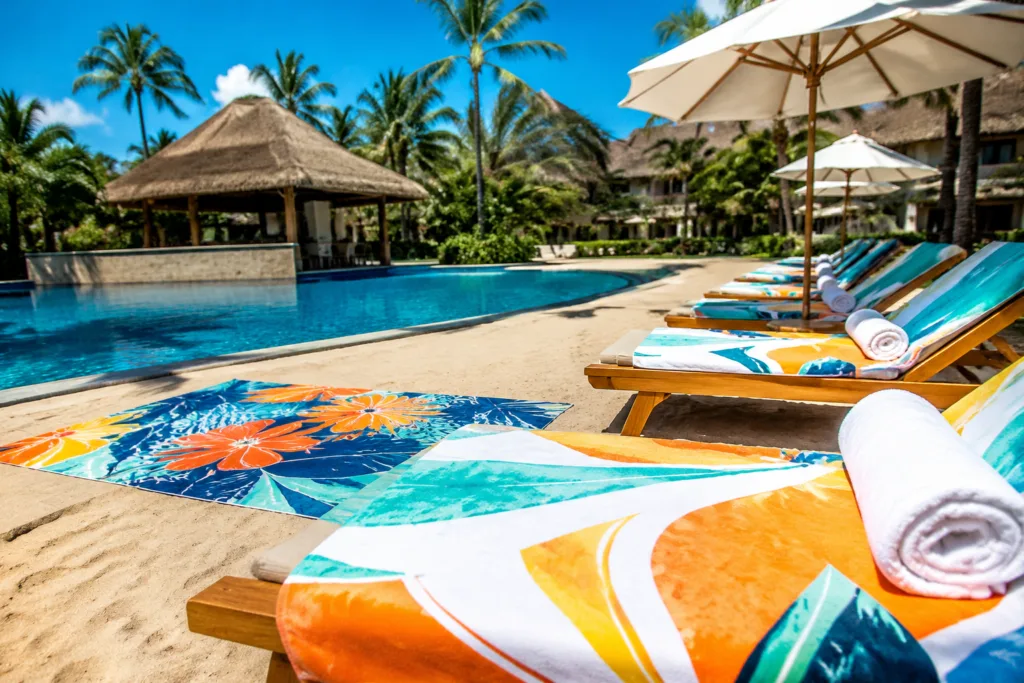 Custom beach towels with logos and printed designs displayed at a luxury resort poolside, showcasing branding impact and towel quality.