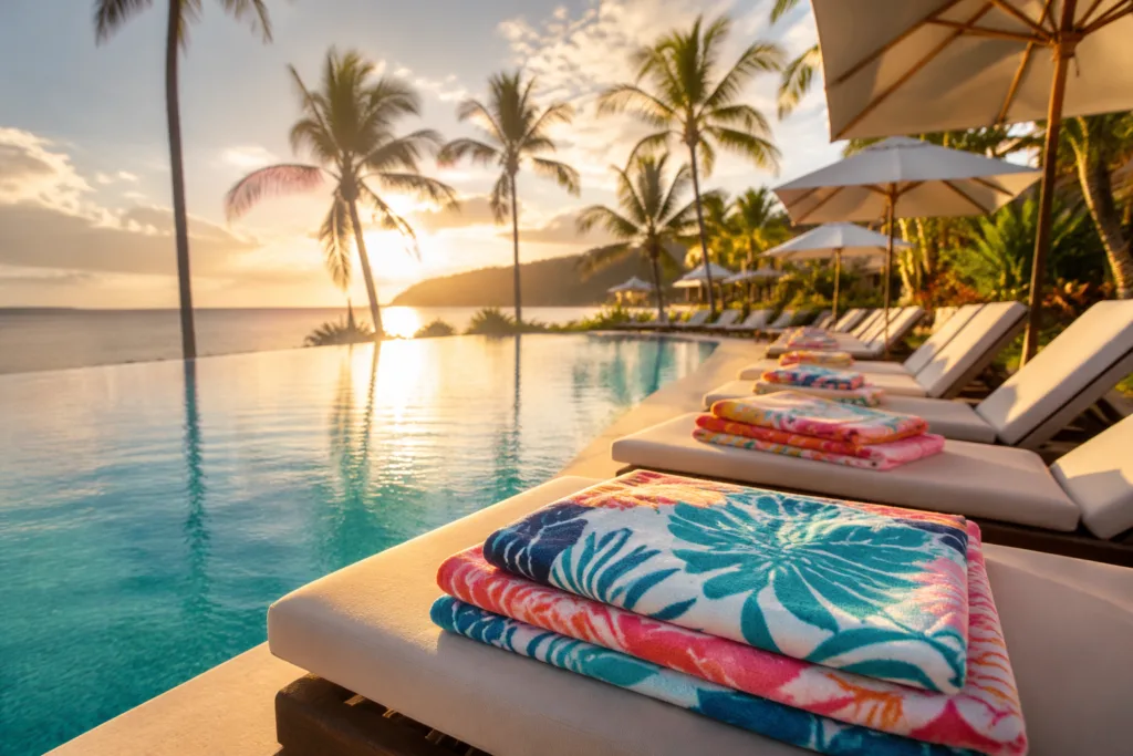 A cinematic image of a resort pool area, showcasing premium custom beach towels on loungers, highlighting their role in branding and guest experience.