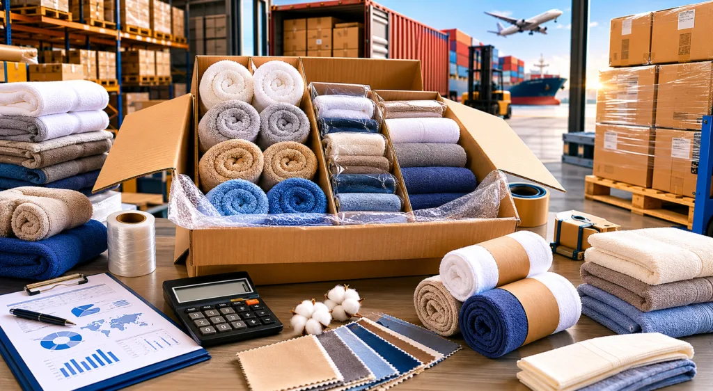 Export-ready wholesale towels packed in cartons for freight planning and landed cost calculation