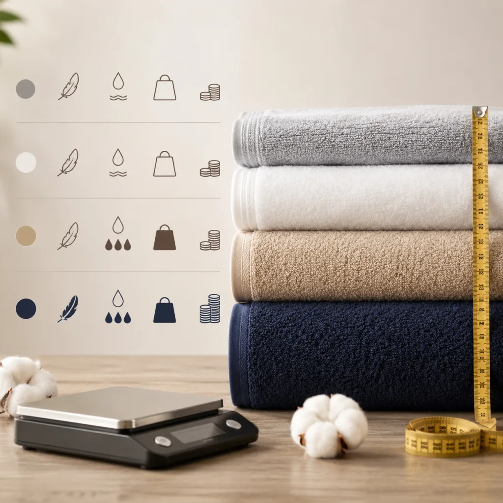 Towel GSM thickness comparison showing lightweight, standard, premium and luxury towel samples for bulk buyers
