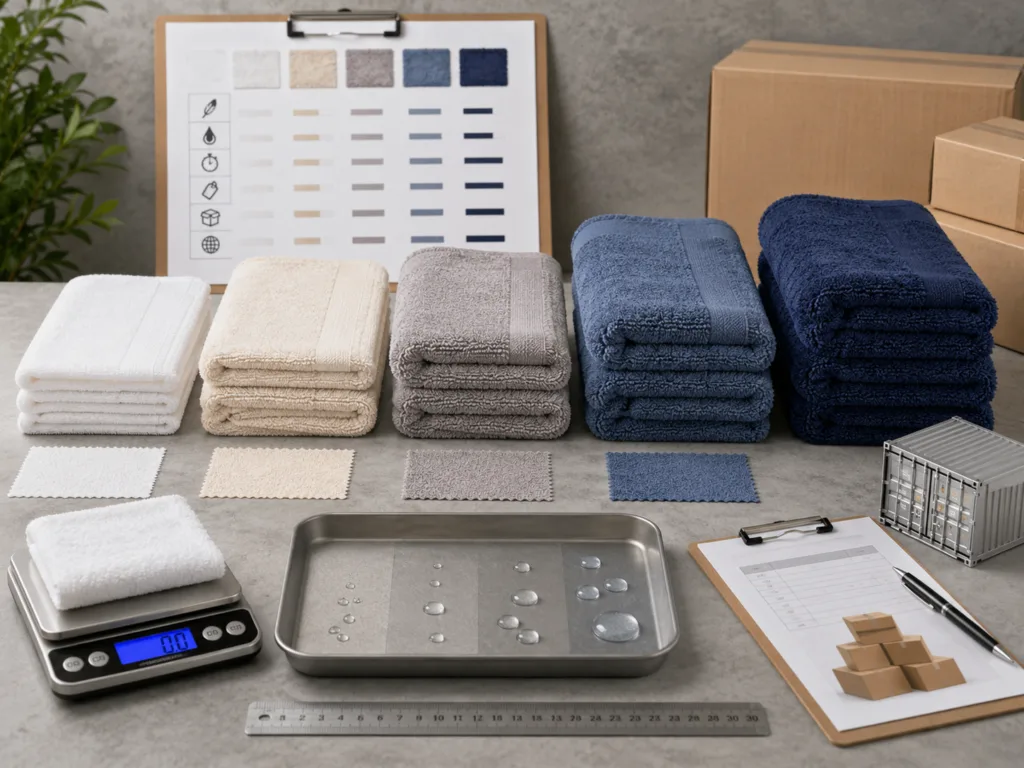 Towel GSM comparison with different towel thicknesses, digital scale and absorbency testing setup for bulk sourcing