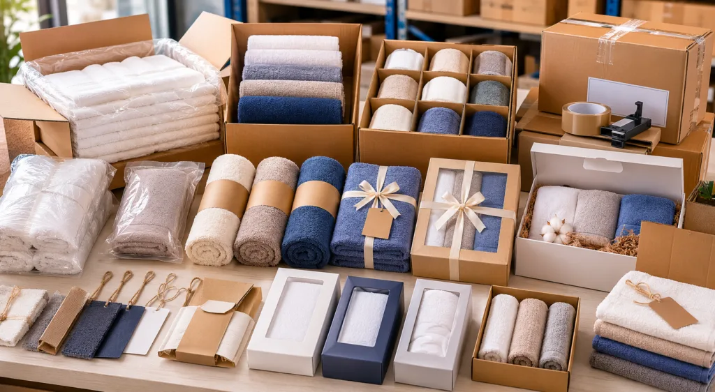 Wholesale towel packaging options showing bulk packing, polybags, paper bands, gift boxes and export cartons