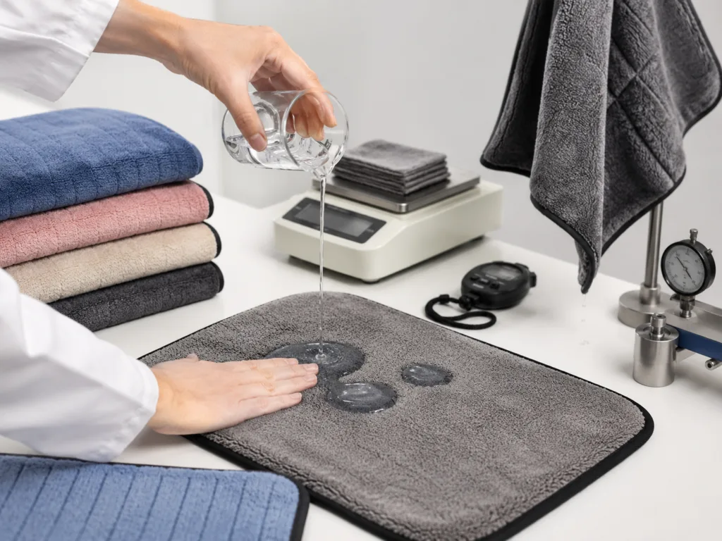 Absorbency testing for custom microfiber pet towels to check water absorption and quick drying performance