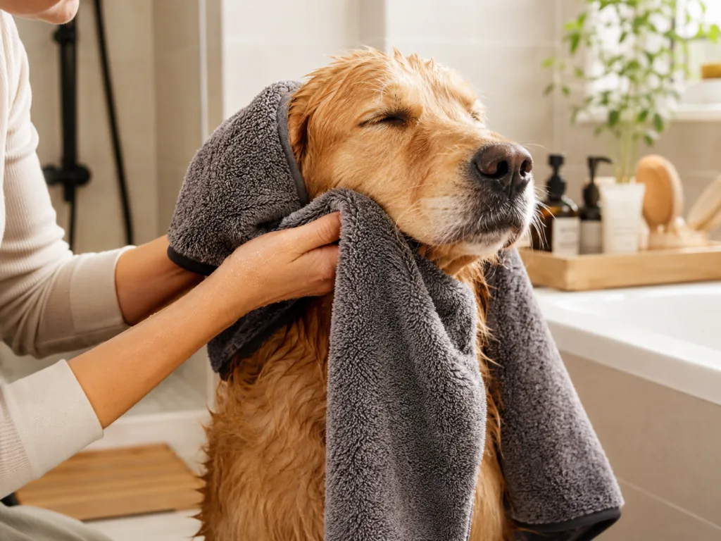 Soft microfiber pet towel drying a wet dog after bath to show absorbency and comfort for daily pet care