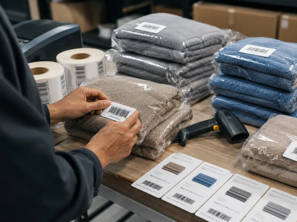 Amazon FBA towels barcode labeling process with packed towels, FNSKU labels and barcode scanning before shipment