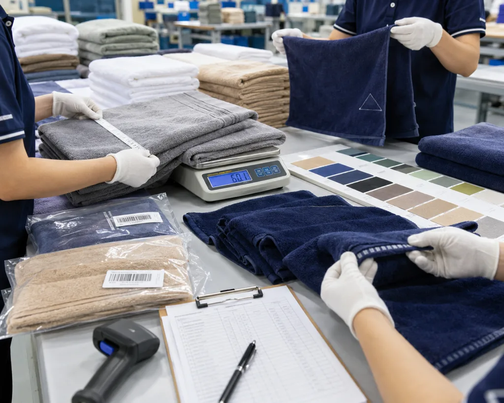 Amazon-ready towel quality control with size checking, stitching inspection, color matching and barcode packaging review