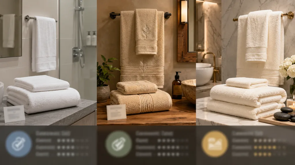 Budget boutique and luxury hotel towel setups showing different GSM choices for hospitality buyers
