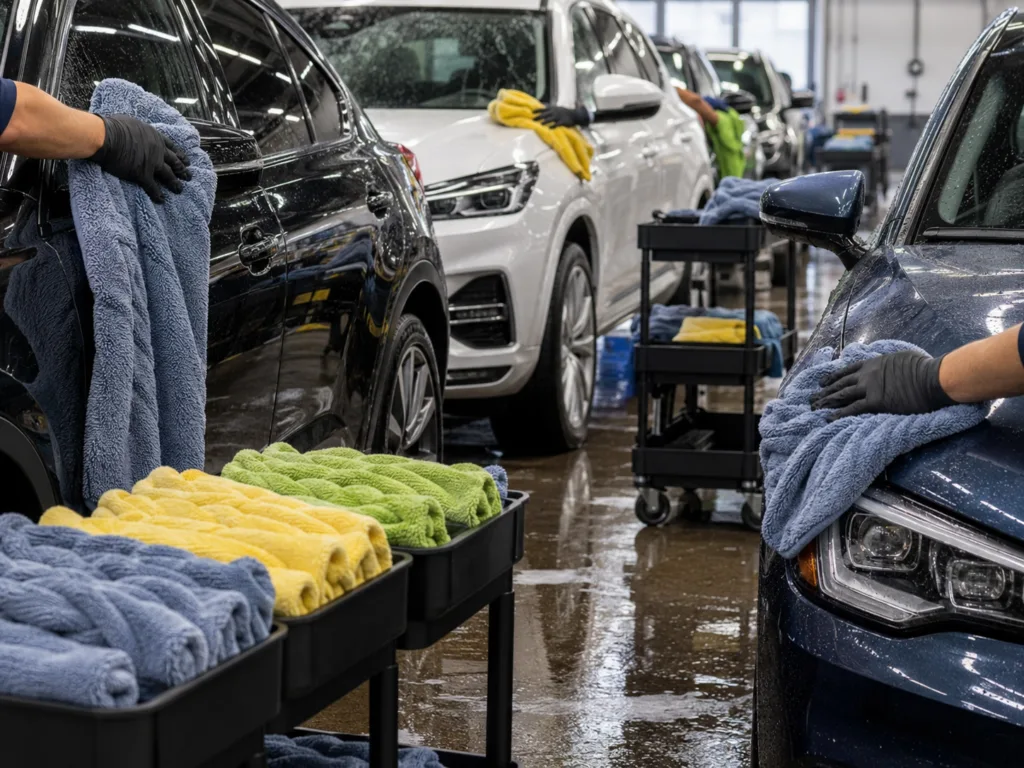 Bulk twisted loop microfiber drying towels used in a professional car wash operation