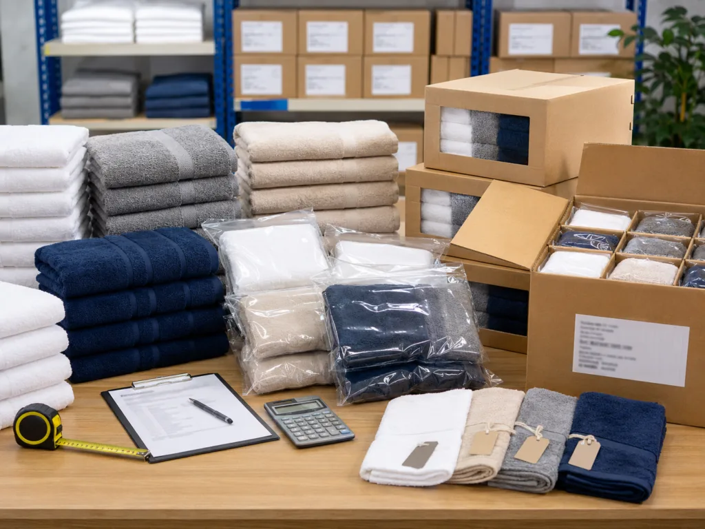 Bulk certified towels packed in export cartons with inspection checklist and retail packaging for B2B towel orders