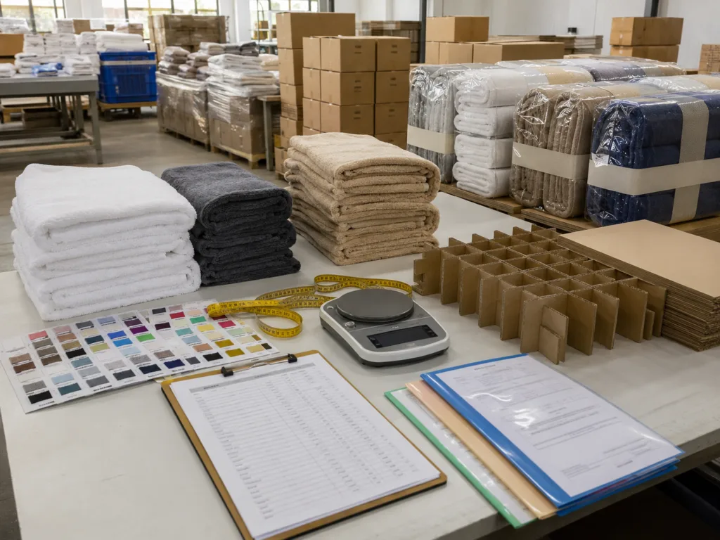 Bulk custom towels prepared with quality inspection, export cartons and compliance documents for European importers