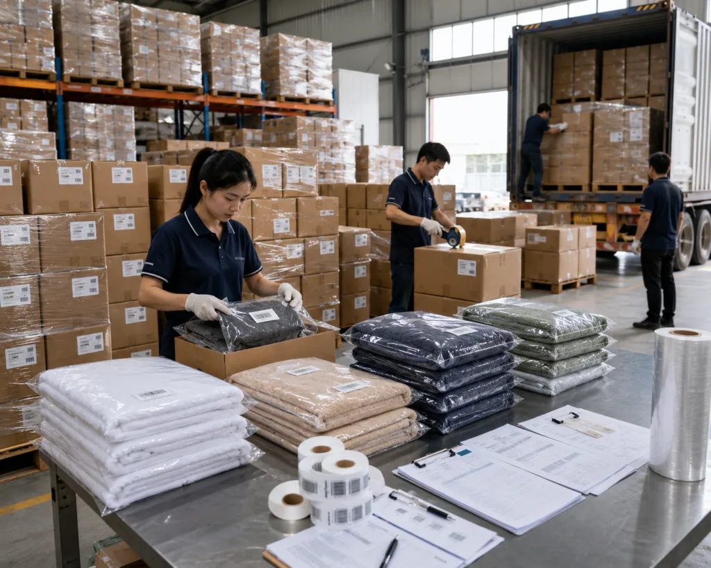 Bulk towel orders prepared with SKU-based carton packing, barcode labels and export cartons for Amazon FBA shipping
