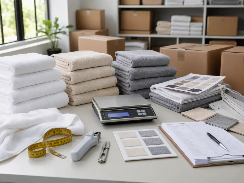 Bulk towel quality control checklist with folded towels, measuring tape, scale, color swatches, and inspection documents before shipment
