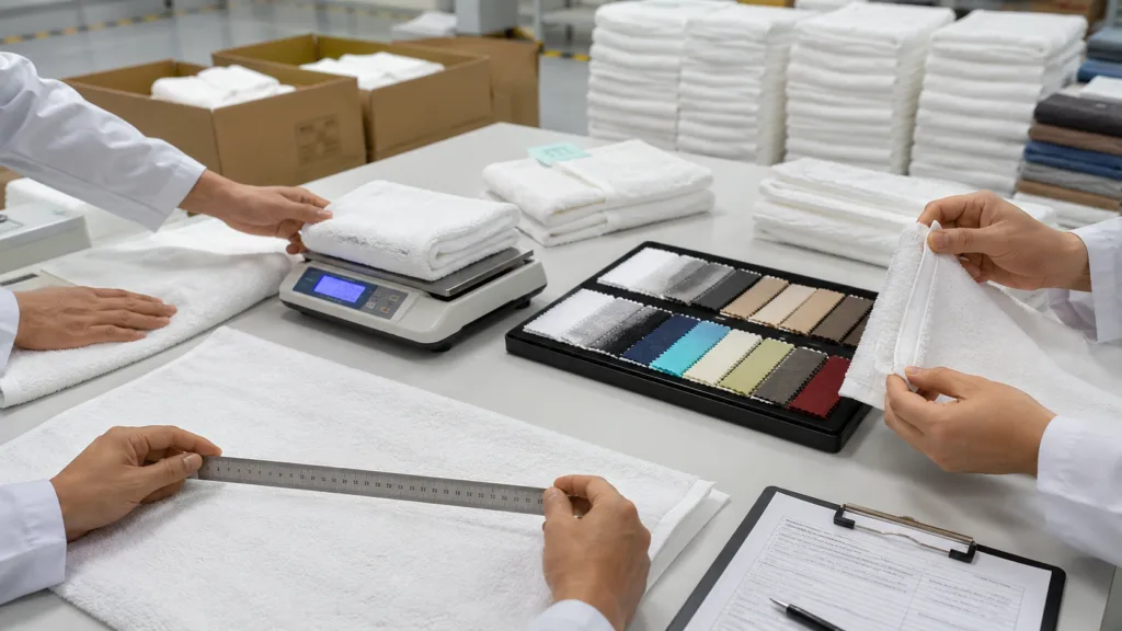 Bulk towel quality inspection checking GSM, size, stitching, absorbency and color consistency before shipment.