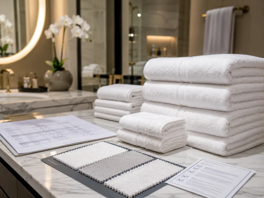 Certified hotel towels prepared for hospitality buyers with towel samples and blurred supplier specification documents