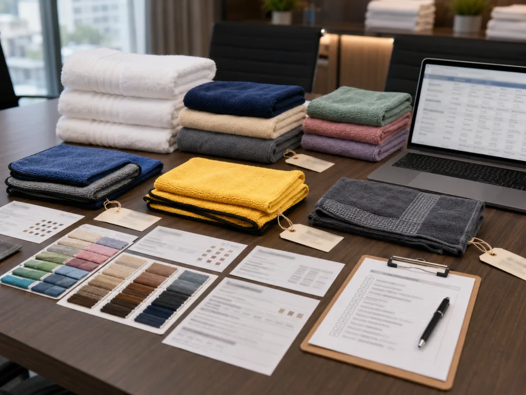 Professional towel supplier selection table with hotel towels, retail towels, microfiber towels, GSM samples, color swatches and sourcing checklist