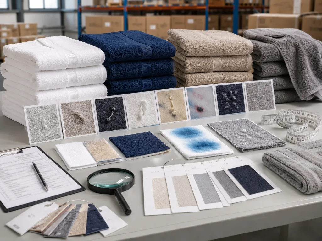 Common towel defects inspection table showing shedding, color bleeding, shrinkage measurement and loose threads for bulk towel quality control