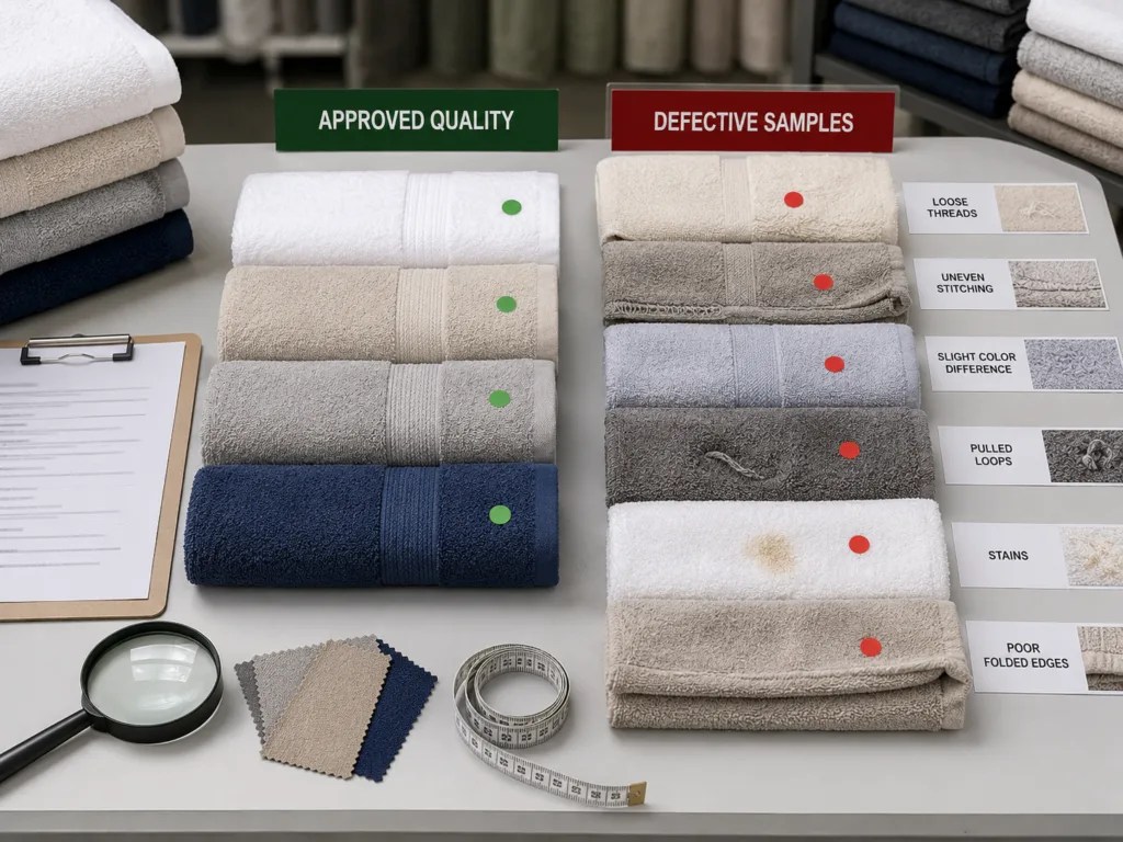 Common towel defects inspection comparing approved towels with loose threads, uneven stitching, pulled loops, stains, and color differences