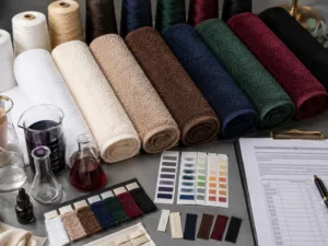 Custom dyed towel samples in multiple colors with dye testing tools for REACH compliance review