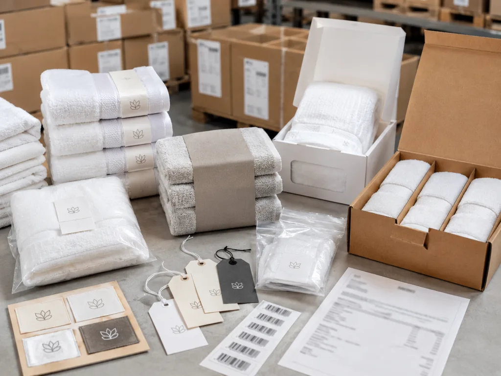 Custom hotel towel packaging with woven labels polybags retail boxes and export cartons for bulk hospitality orders