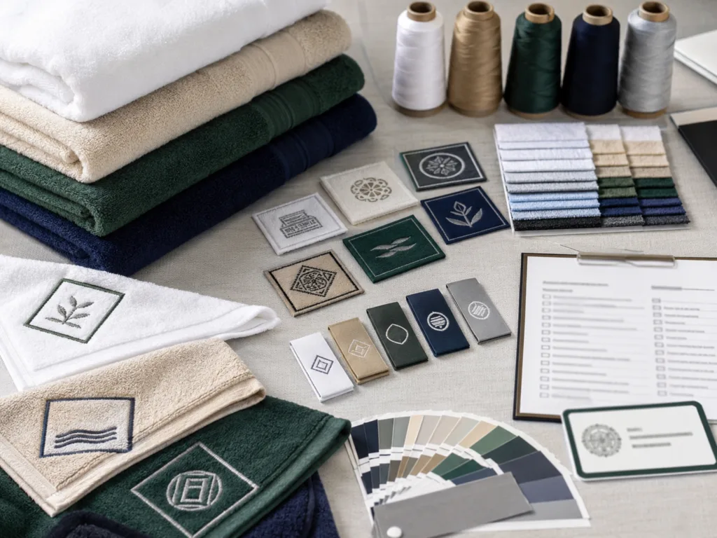 Custom logo towel samples with embroidery threads, printed corners and compliance checklist for certification scope review